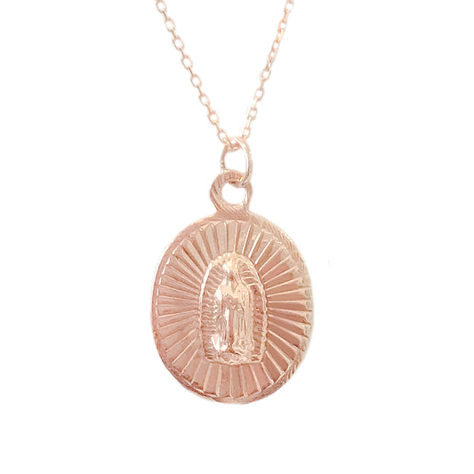 14K Gold Virgin Mary Miraculous Medal Faceted Charm Necklace