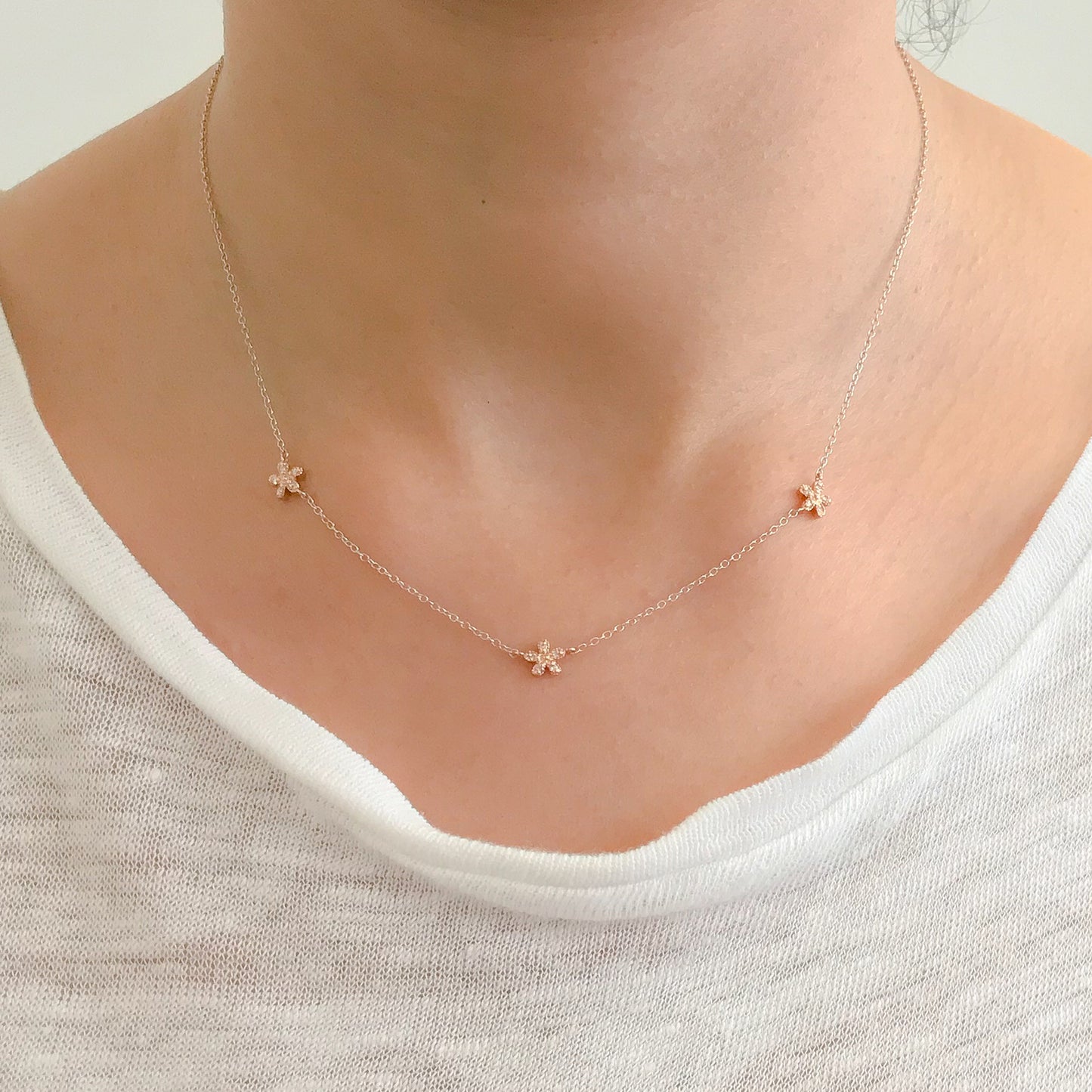 14K Gold Pavé Diamond Triple Daisy Necklace