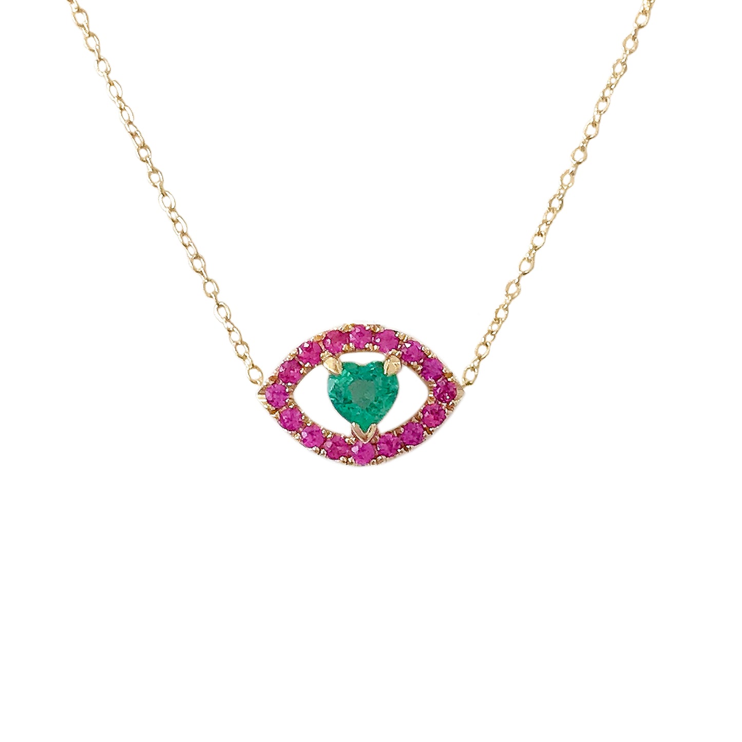 14K Gold Emerald Heart & Pink Sapphire Evil Eye Necklace