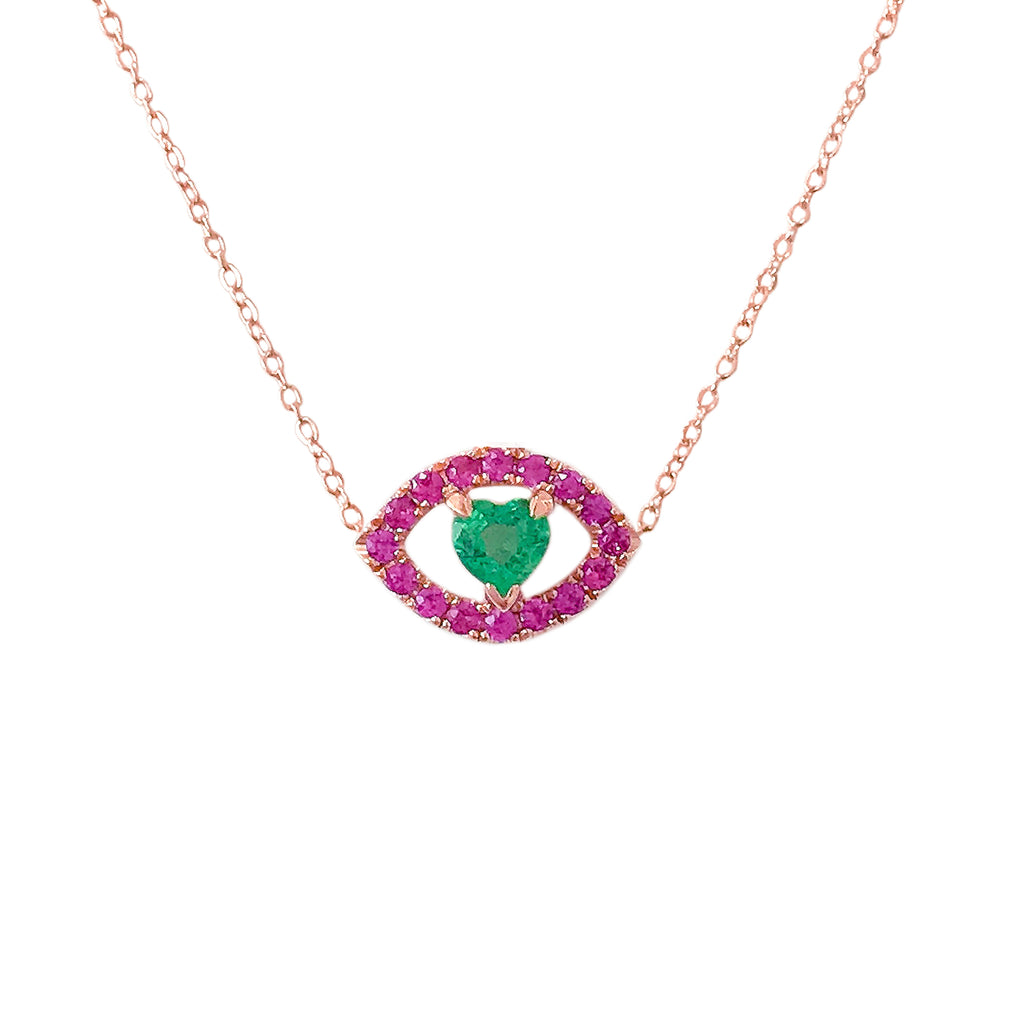 14K Gold Emerald Heart & Pink Sapphire Evil Eye Necklace ~ In