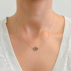 14K Gold Emerald Heart & Pink Sapphire Evil Eye Necklace