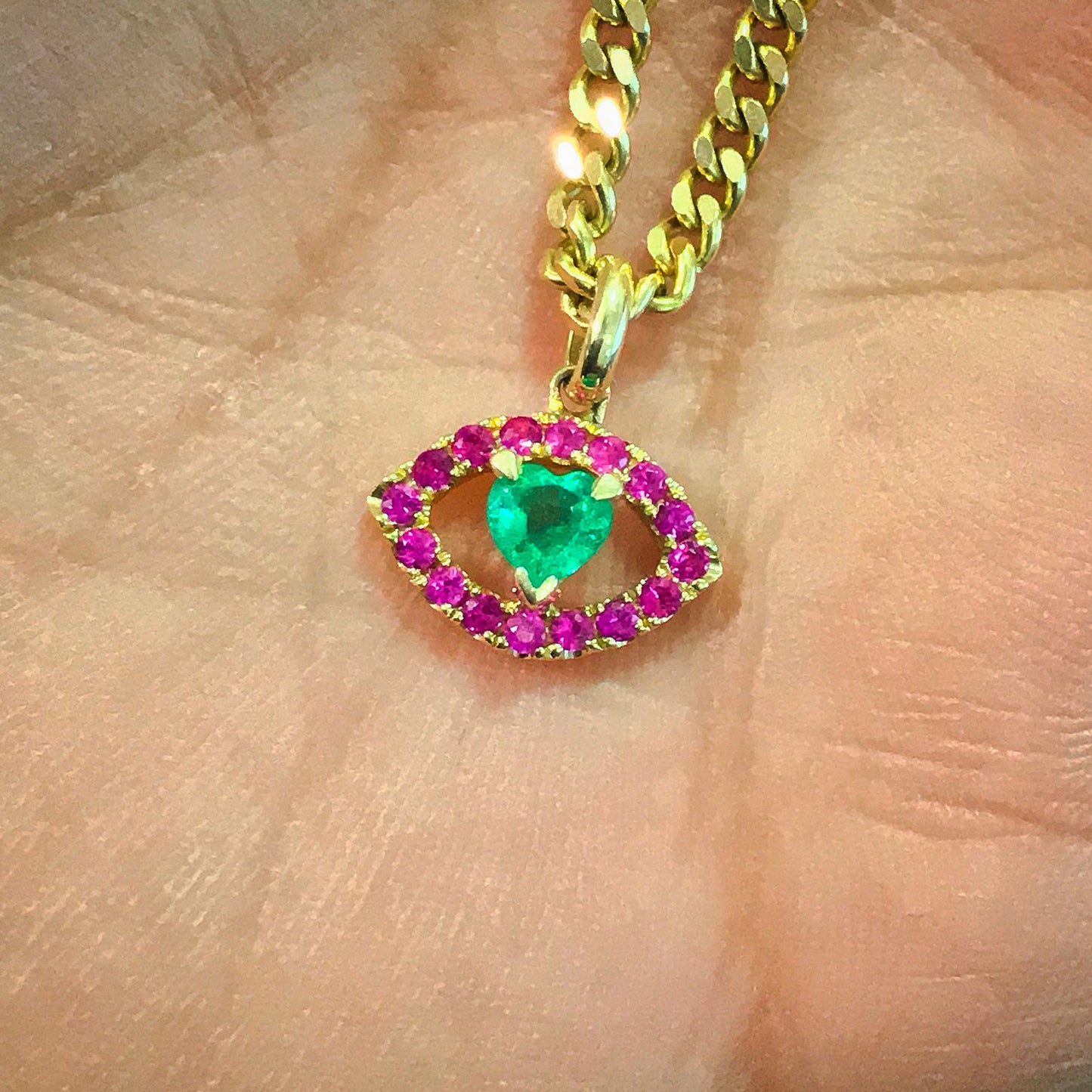 14K Gold Emerald Heart & Pink Sapphire Evil Eye Necklace