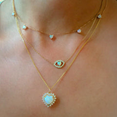 14K Gold Opal Heart & Diamond Evil Eye Necklace