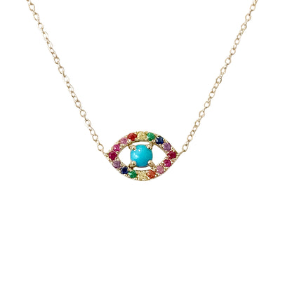 14K Gold Rainbow Gemstone Evil Eye Necklace