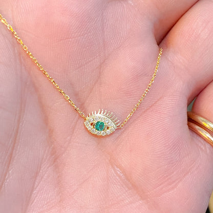 14K Gold Diamond Evil Eye with Lashes Necklace ~ XS Size