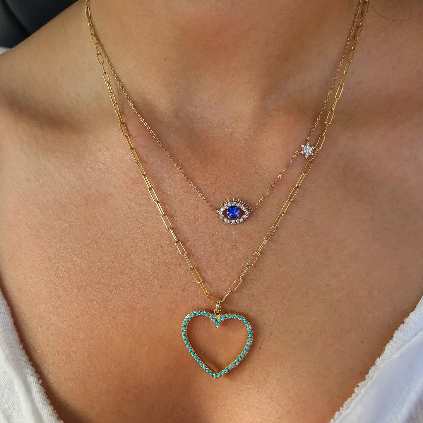 14K Gold Turquoise Heart Shape Frame Necklace, Large Size