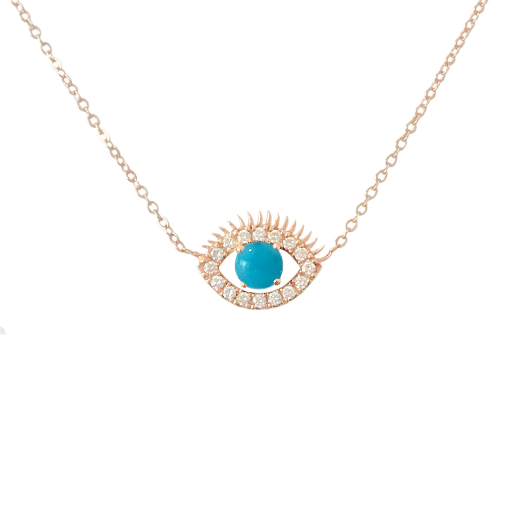 14K Gold Large Size Diamond & Turquoise Evil Eye Lashes Necklace