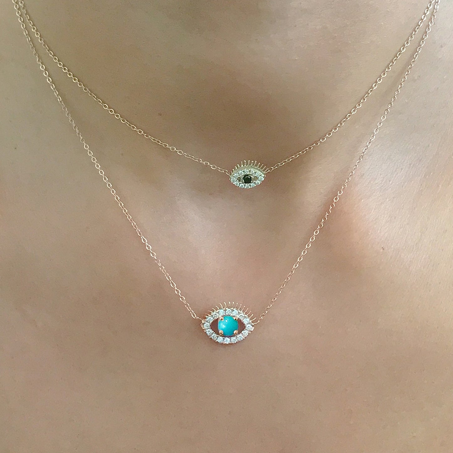 14K Gold Large Size Diamond & Turquoise Evil Eye Lashes Necklace