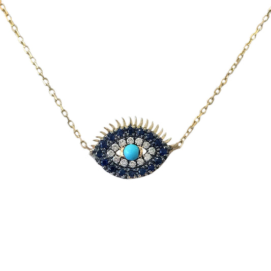 14K Gold Diamond, Sapphire & Turquoise Evil Eye Lashes Necklace ~ Large Size
