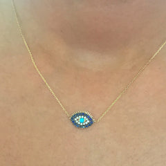 14K Gold Diamond, Sapphire & Turquoise Evil Eye Lashes Necklace ~ Large Size