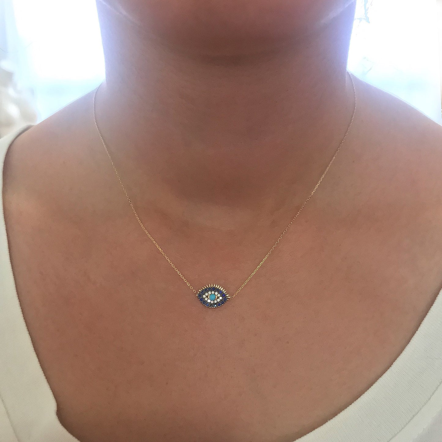 14K Gold Diamond, Sapphire & Turquoise Evil Eye Lashes Necklace ~ Large Size