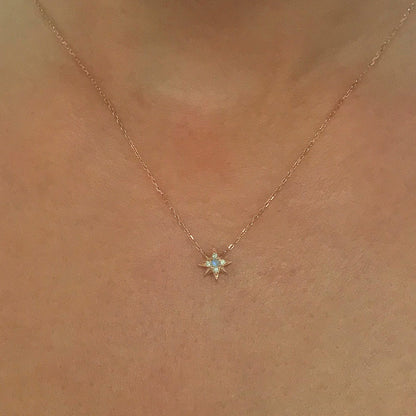 14K Gold Opal & Pavé Diamond Starburst Pendant Necklace, Small Size