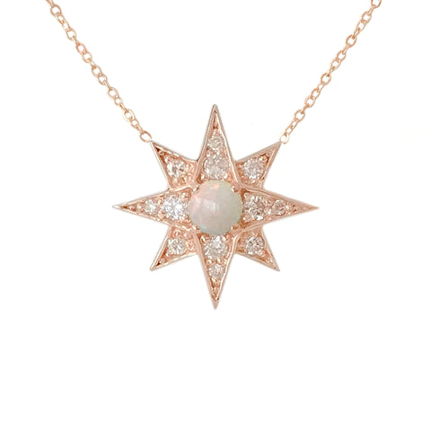14K Gold Opal & Pavé Diamond Starburst Pendant Necklace, Large Size