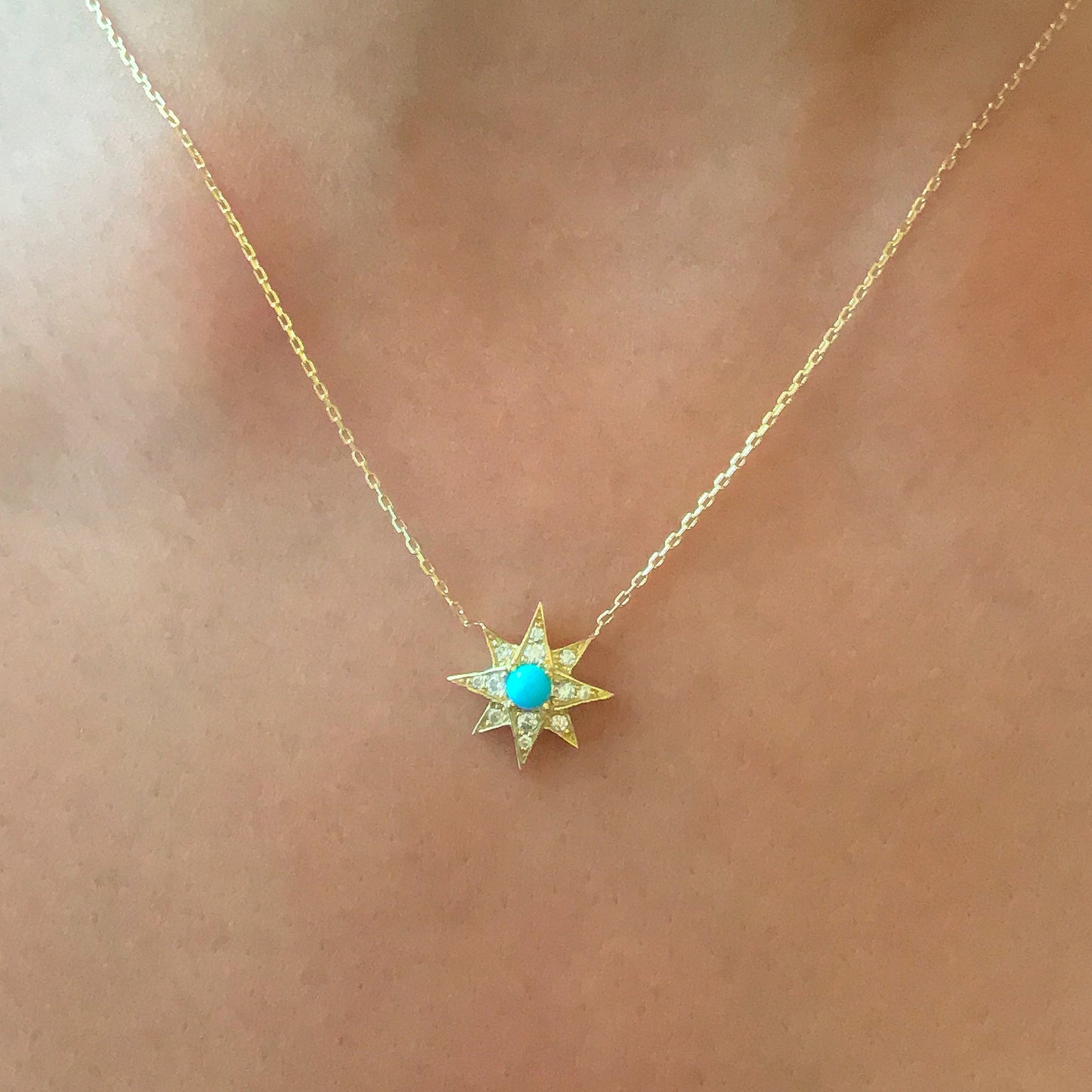 14K Gold Pavé Diamond & Turquoise Starburst Pendant Necklace, Large Size