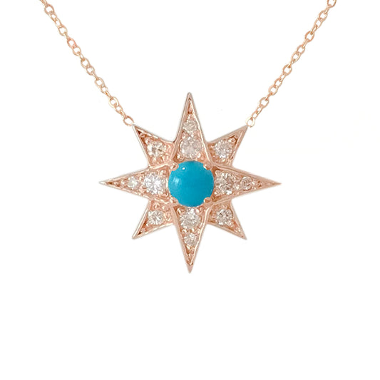 14K Gold Pavé Diamond & Turquoise Starburst Pendant Necklace, Large Size