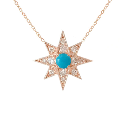 14K Gold Pavé Diamond & Turquoise Starburst Pendant Necklace, Large Size