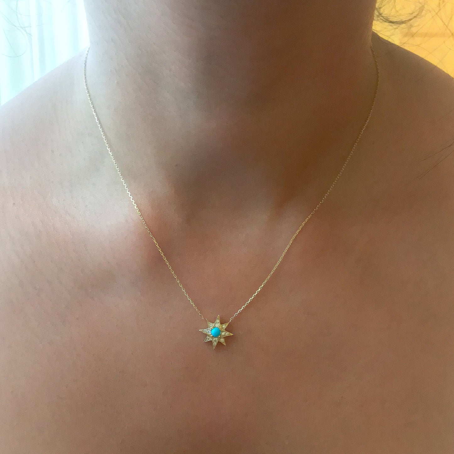 14K Gold Pavé Diamond & Turquoise Starburst Pendant Necklace, Large Size