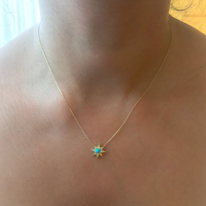 14K Gold Pavé Diamond & Turquoise Starburst Pendant Necklace, Large Size