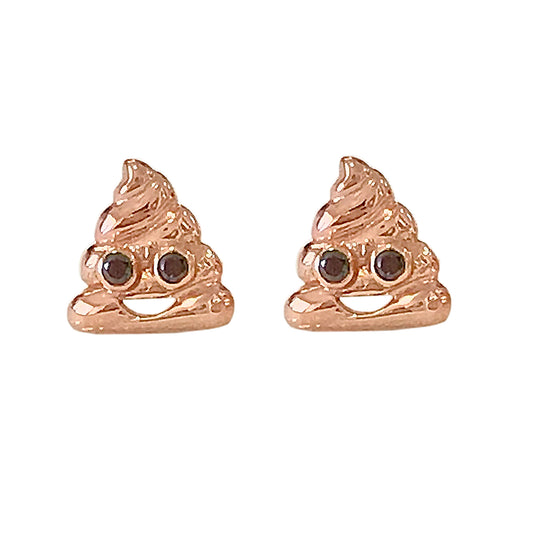 14K Gold Black Diamond Poop Emoji Stud Earrings