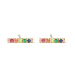 14K Gold Small Pavé Rainbow Gemstone Bar Stud Earrings