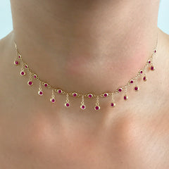 14K Gold Ruby Fringe Choker Charm Necklace