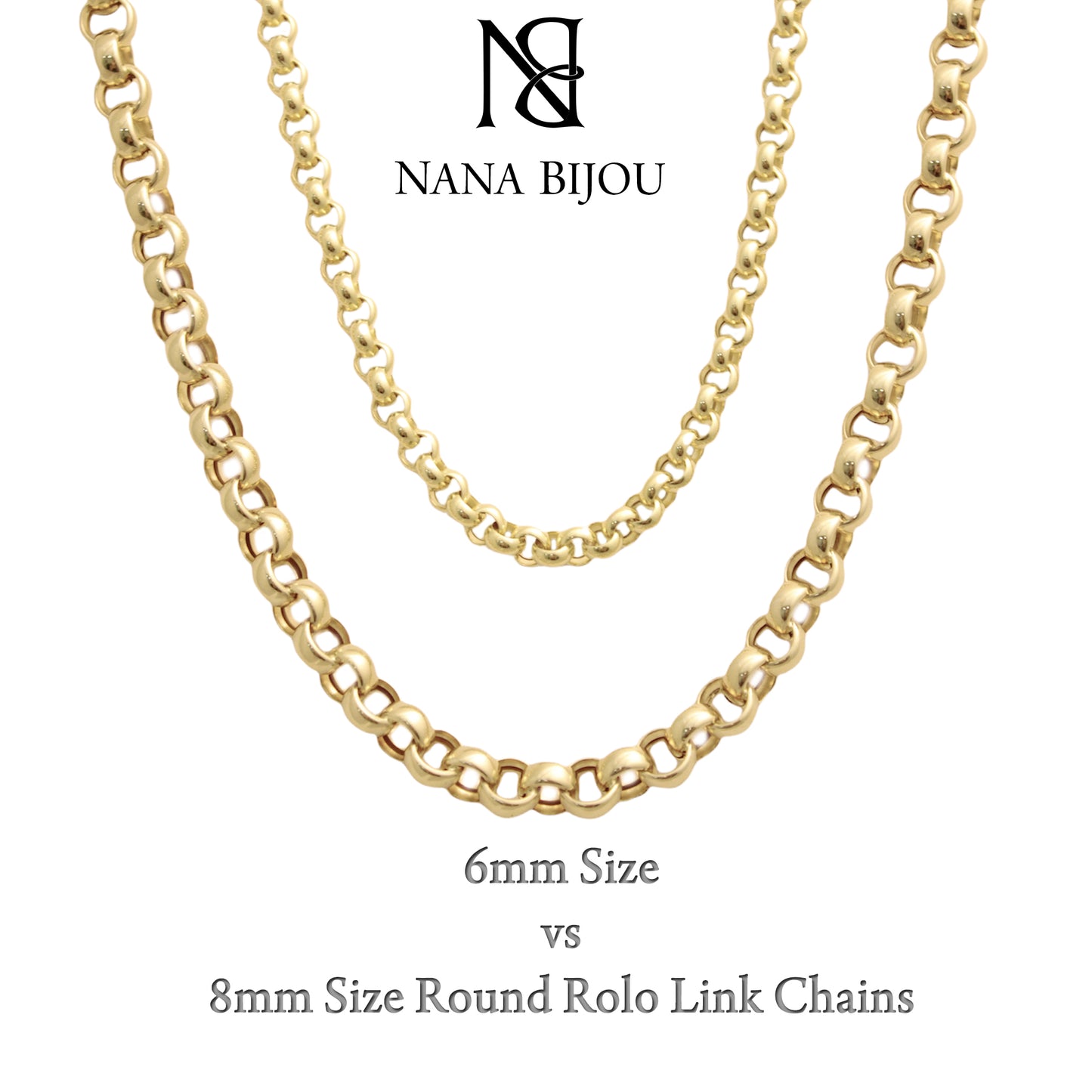 14K Gold Thick Round Rolo Link Chain Necklace, 6mm Size