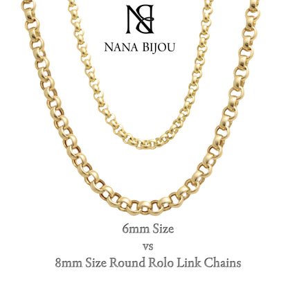 14K Gold Thick Round Rolo Link Chain Necklace, 8mm Size