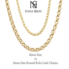 14K Gold Thick Round Rolo Link Chain Necklace, 6mm Size