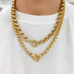 14K Gold Thick Round Rolo Link Chain Necklace, 8mm Size