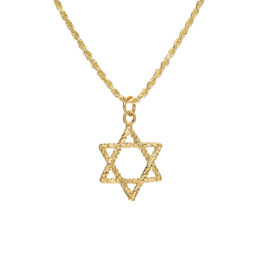 14K Gold Star of David Braided Rope Style Pendant Necklace