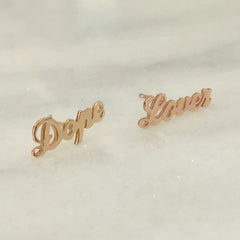 14K Gold 'Lover' Stud Earrings, Script Font