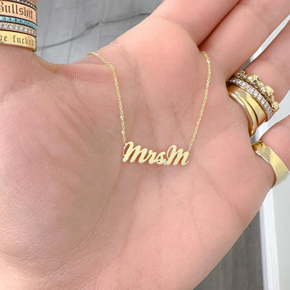 14K Gold Mrs. Nameplate Pendant Necklace ~ Script Font