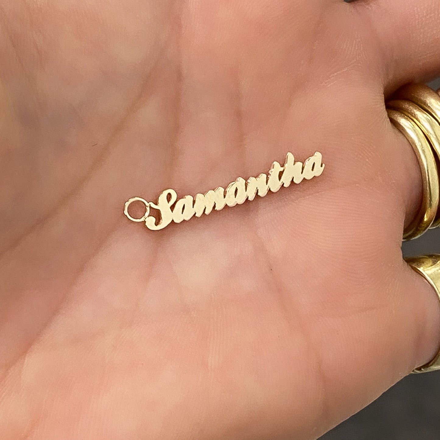 14K Gold Nameplate Earring Hoop Charm, Script Font