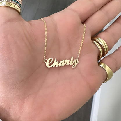 14K Gold Nameplate Pendant Necklace ~ Script Font