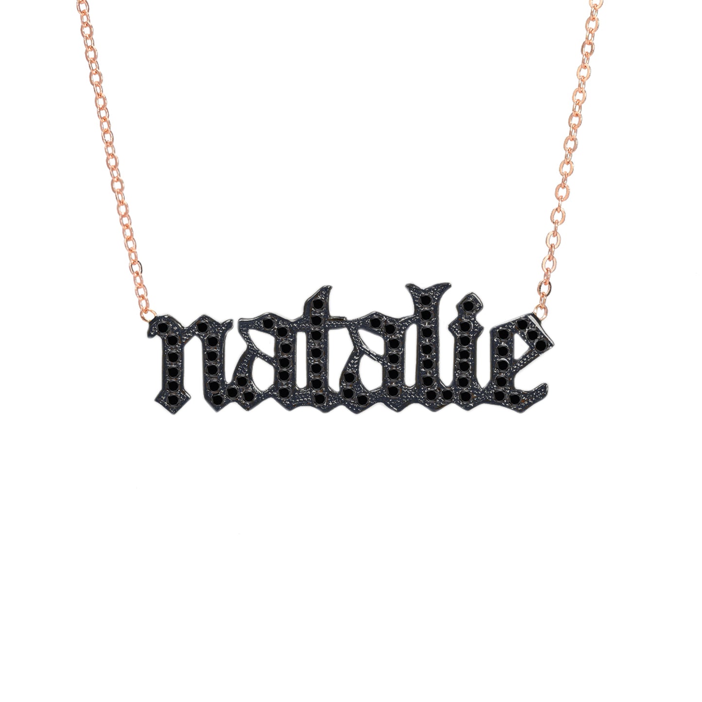 14K Gold Pavé Black Diamond Nameplate Pendant Necklace ~ Old English Font