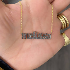 14K Gold Pavé Black Diamond Nameplate Pendant Necklace ~ Old English Font