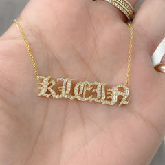 14K Gold Pavé Diamond Nameplate Pendant Necklace ~ Old English Font