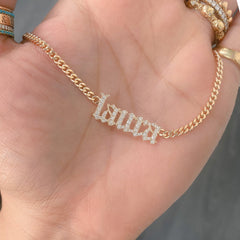 14K Gold Pavé Diamond Nameplate Pendant Necklace ~ Old English Font