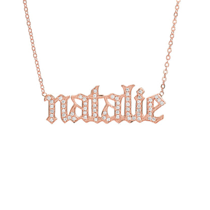 14K Gold Pavé Diamond Nameplate Pendant Necklace ~ Old English Font