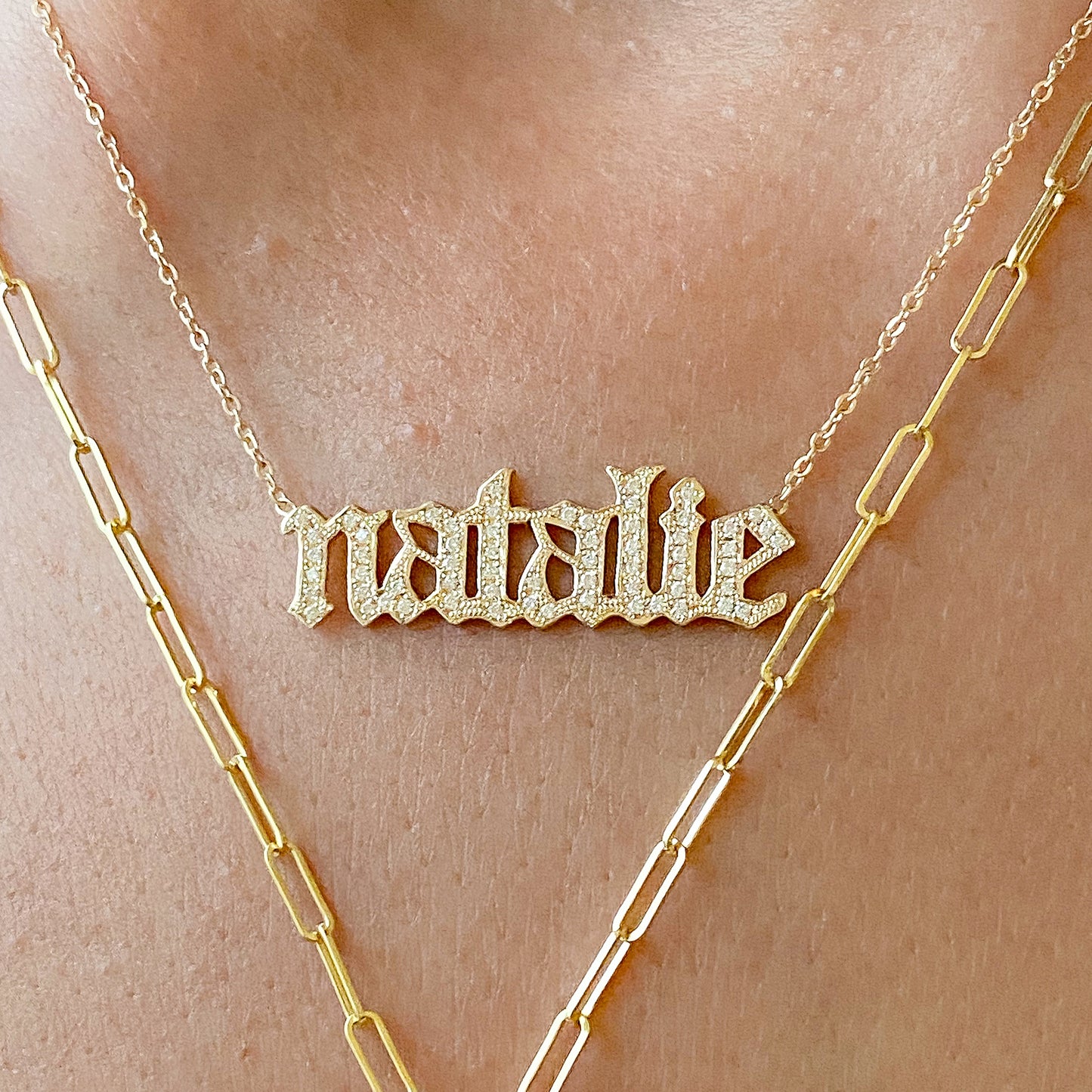 14K Gold Pavé Diamond Nameplate Pendant Necklace ~ Old English Font