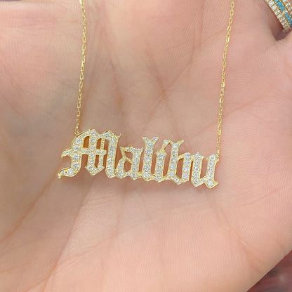 14K Gold Pavé Diamond Nameplate Pendant Necklace ~ Old English Font