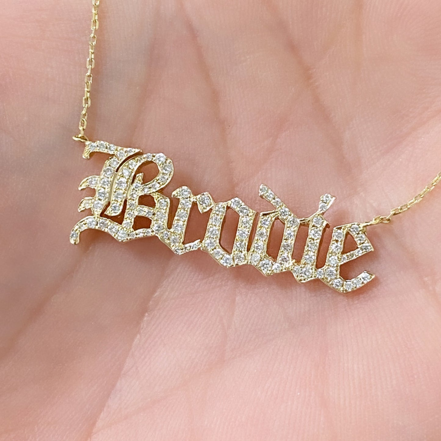 14K Gold Pavé Diamond Nameplate Pendant Necklace ~ Old English Font