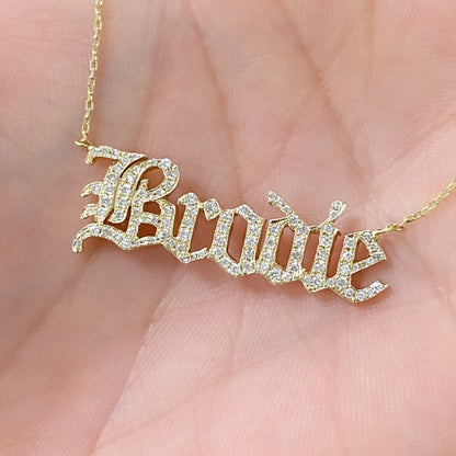 14K Gold Pavé Diamond Nameplate Pendant Necklace ~ Old English Font