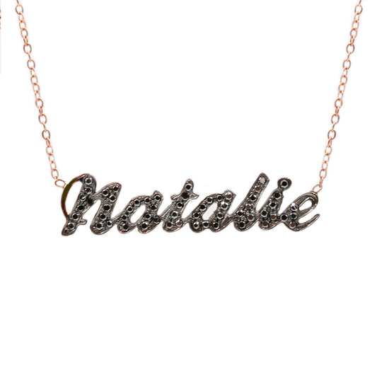 14K Gold Pavé Black Diamond Nameplate Pendant Necklace ~ Script Font