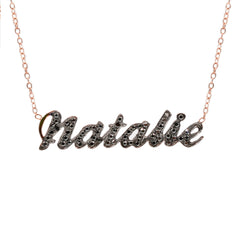 14K Gold Pavé Black Diamond Nameplate Pendant Necklace ~ Script Font