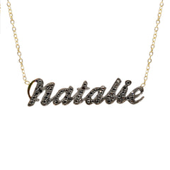 14K Gold Pavé Black Diamond Nameplate Pendant Necklace ~ Script Font