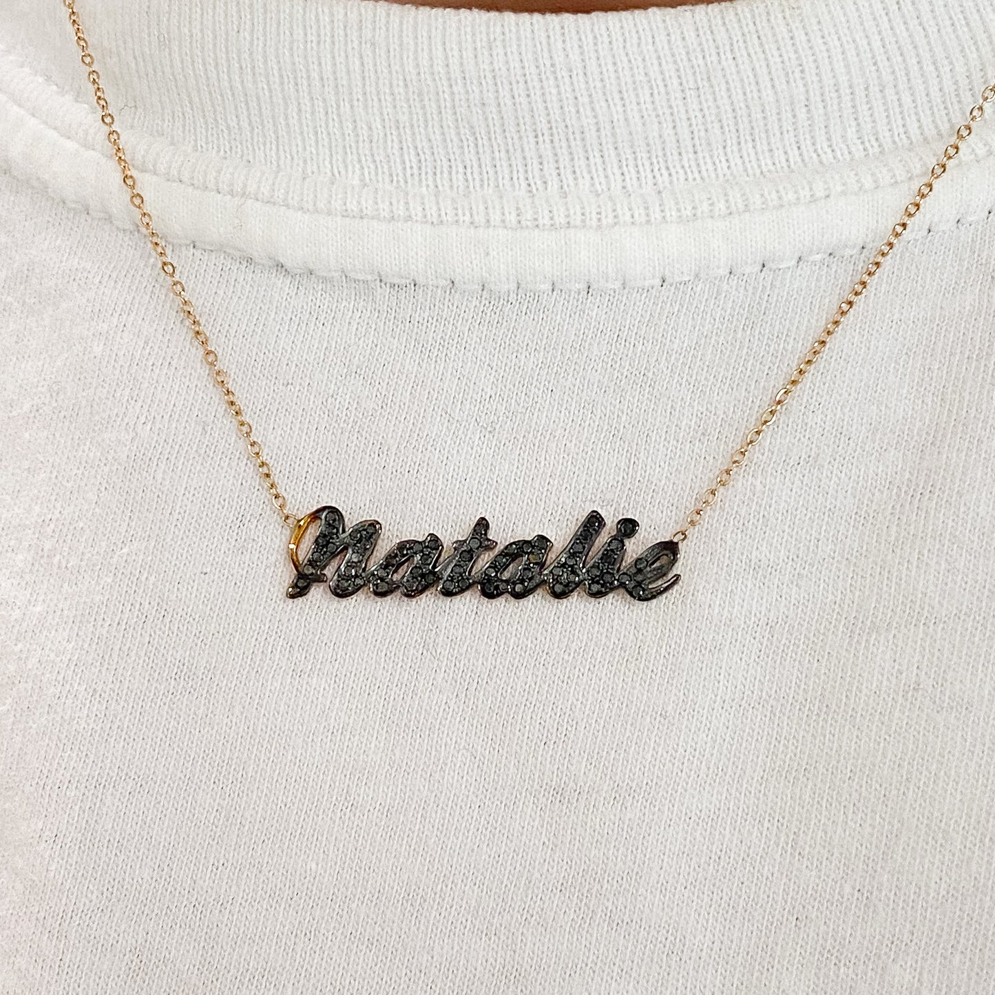 14K Gold Pavé Black Diamond Nameplate Pendant Necklace ~ Script Font