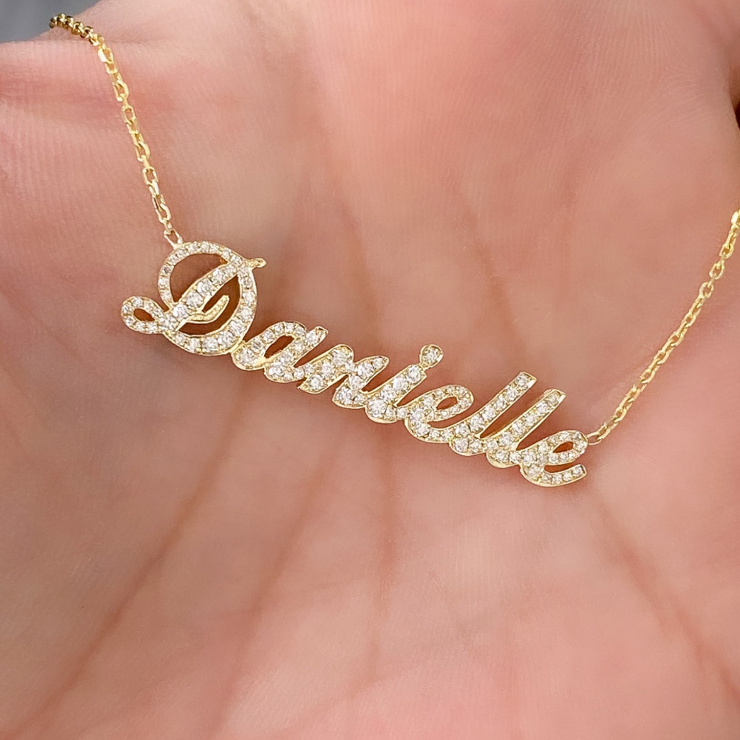 14K Gold Pavé Diamond Nameplate Pendant Necklace ~ Script Font