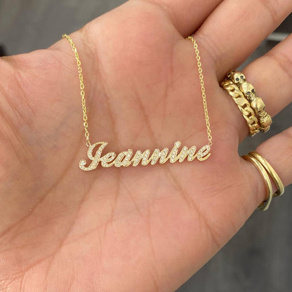 14K Gold Pavé Diamond Nameplate Pendant Necklace ~ Script Font