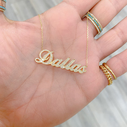 14K Gold Pavé Diamond Nameplate Pendant Necklace ~ Script Font